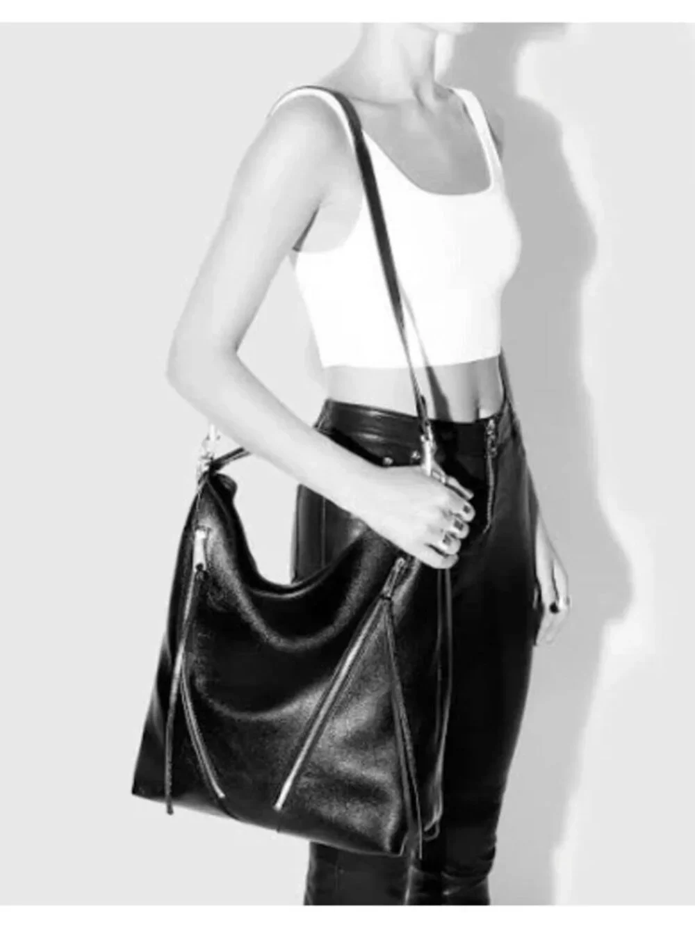 Rebecca Minkoff Double Zippers Moto Hobo Bag Leather Crossbody Satchel Black